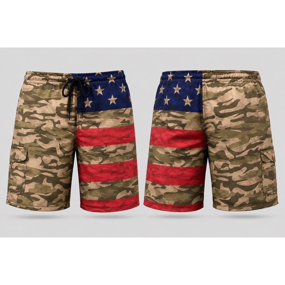 Men's L American Flag Camo Board Shorts  Swimsuit Patriotic 4th Of July